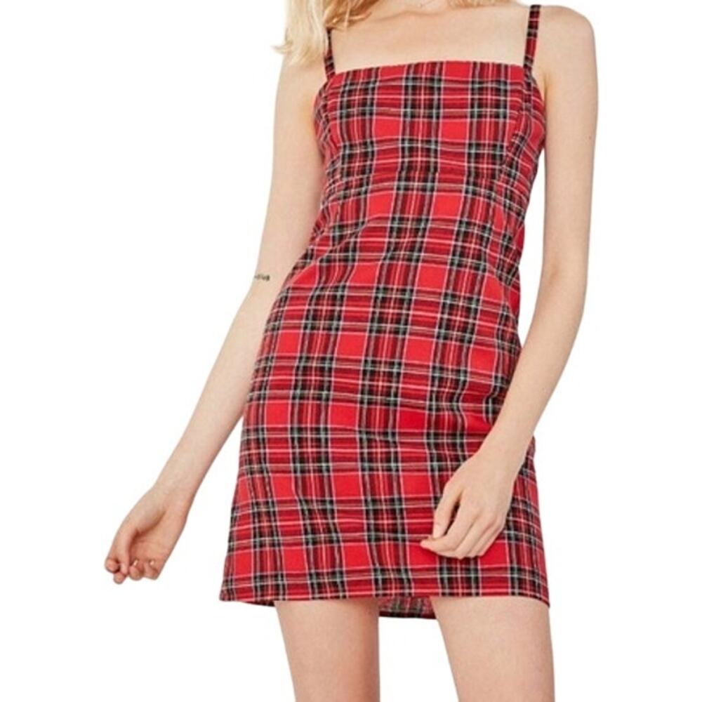 Urban Outfitters Straight-neck plaid mini dress Adjustable Strap Back Zip Red 0